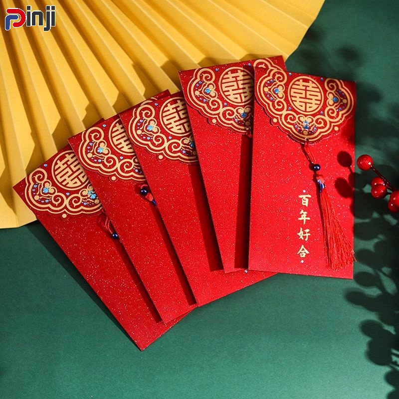 Set 5 / 10 Bao Lì Xì Giấy Màu Đỏ Có Tua Rua Trang Trí Tiệc Cưới