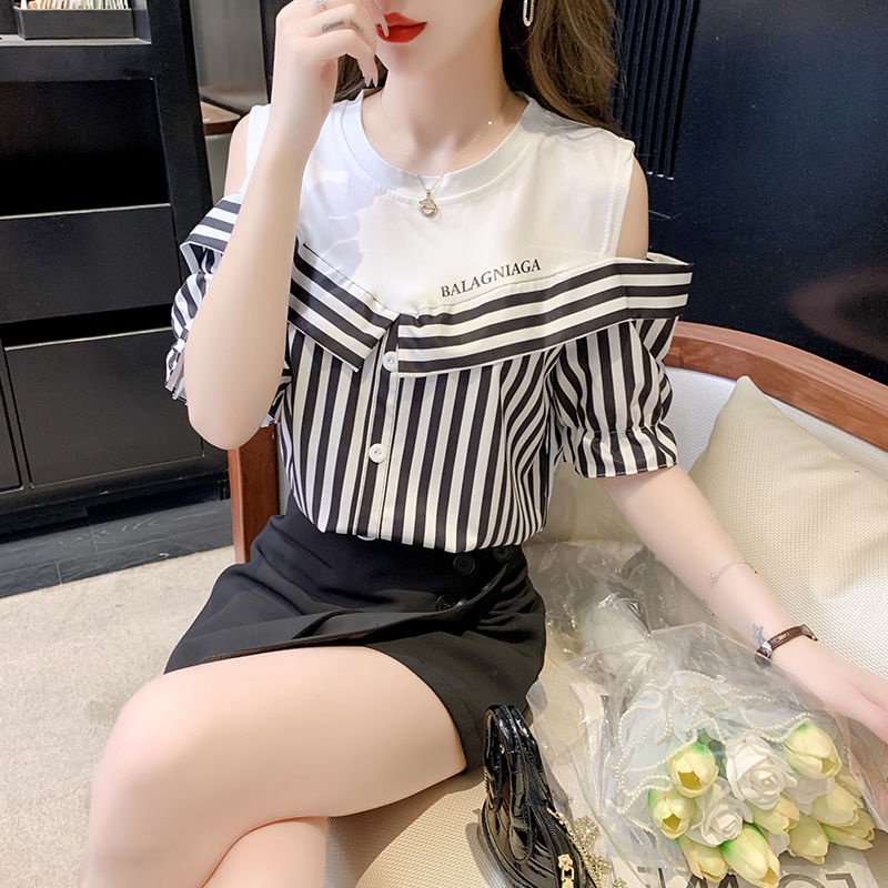 Áo Thun Ngắn Tay Giả Hai Lớp Họa Tiết Sọc Thời Trang Dành Cho Nữ