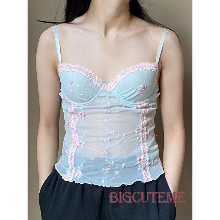 [] - Áo Hai Dây Phối Ren Thêu Hoa Nhìn Xuyên Thấu Thời Trang Mùa Hè Cho Nữ