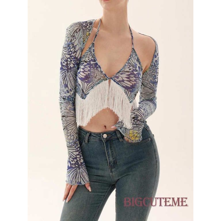 [] - Bộ Áo 2 Cái Cho Phụ Nữ.Set Áo Tay Dài + Áo Hai Dây Họa Tiết Bướm Xinh Xắn Thời Trang