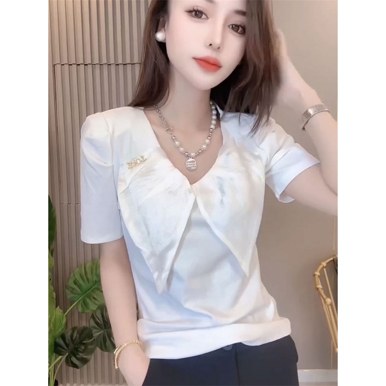 Áo Thun Cotton Mỏng Mùa Hè Cổ Chữ V Thắt Nơ Ghép Màu Tương Phản Thời Trang Cho Nữ