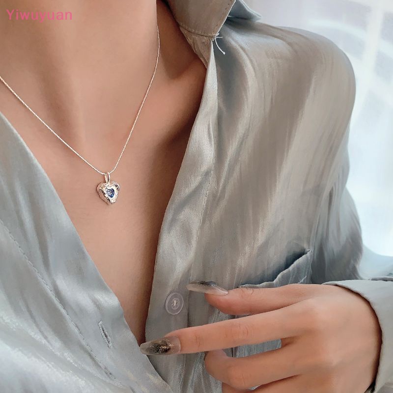 < Yiwuyuan > Vòng cổ Bạc Mặt Trái Tim Pha Lê Xanh Dương Thời Trang Hàn Quốc Mới Dễ Phối Đồ Trang Sức Đám Cưới Dành Cho Bạn Nữ
