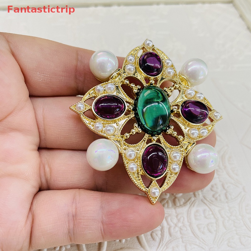 [Fantastictrip] Ghim Cài Áo Bằng Thủy Tinh Giả Ngọc Trai Chạm Khắc Chữ Thập Nhiều Màu Thời Trang Vintage Niche