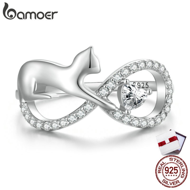 BAMOER Nhẫn Bạc 925 HìNh MèO Và Vô Hạn ThờI Trang Cho Nữ SCR918