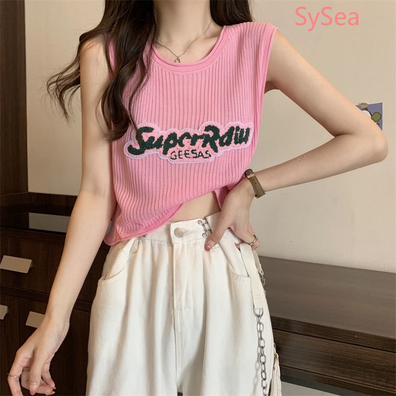 Áo Dệt Kim Sát Nách Dáng Rộng In Chữ Kiểu Retro Mỹ Xinh Xắn Cho Nữ