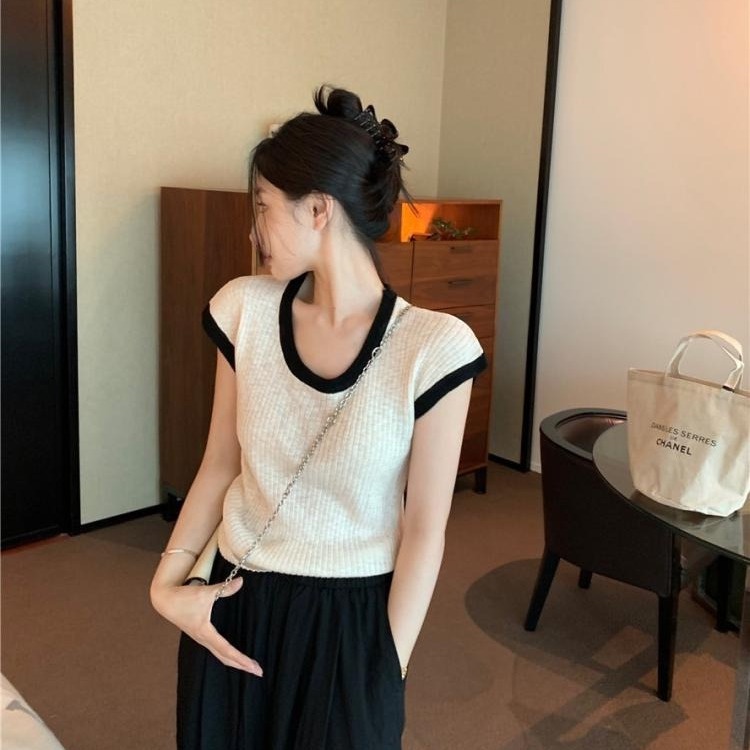 COZOK Áo Thun Dệt Kim Ngắn Tay Cổ Chữ U Phối Màu Tương Phản Thời Trang