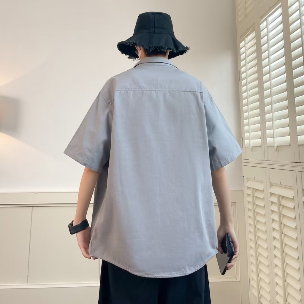 Áo Sơ Mi Cotton Tay Ngắn Dáng Rộng Phối Túi Phong Cách Vintage Cho Nam Giới Có Size M-8XL
