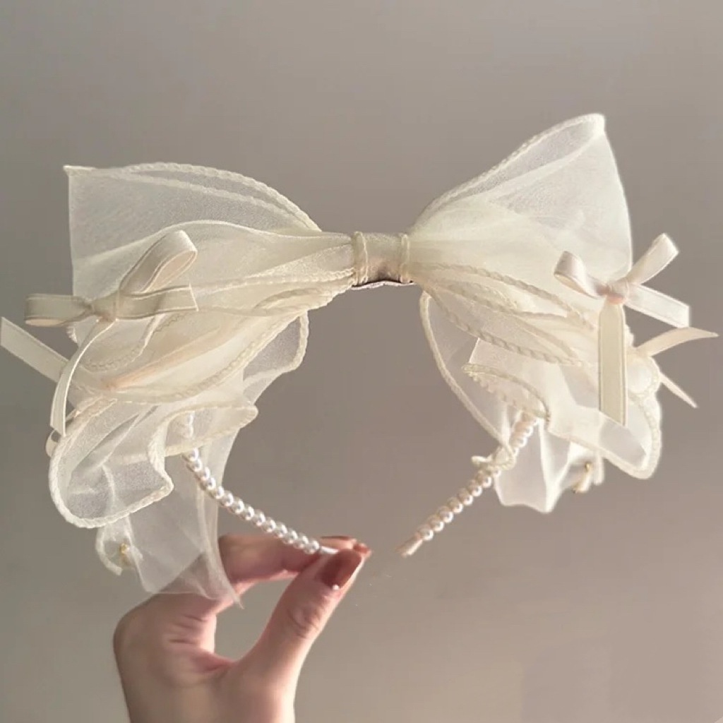 Băng Đô Cài Tóc Đính Nơ Lưới Màu Trắng Thời Trang Cao Cấp Cho Nữ