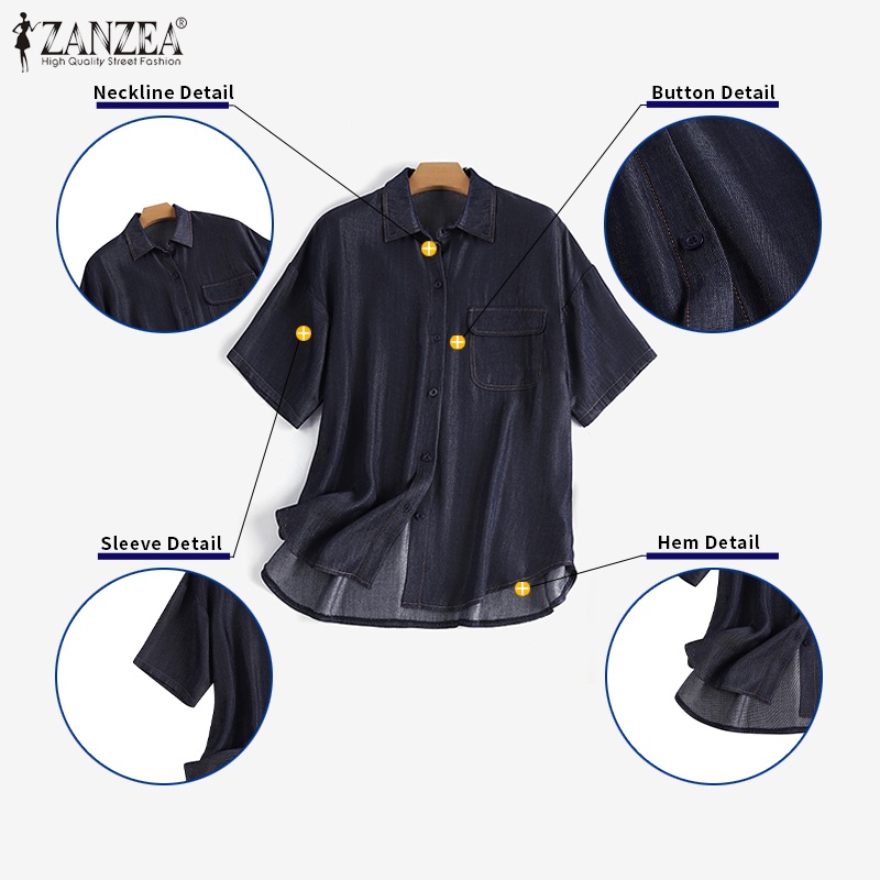 ZANZEA Áo Sơ Mi Tay Ngắn Có Túi Cài Nút Thời Trang Hàn Quốc Cho Nữ