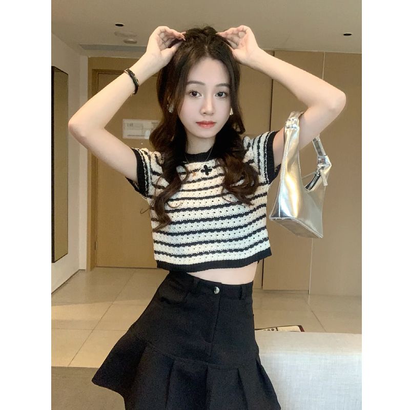 Áo Thun Ngắn Tay Họa Tiết Sọc Ngang Thời Trang Dành Cho Nữ