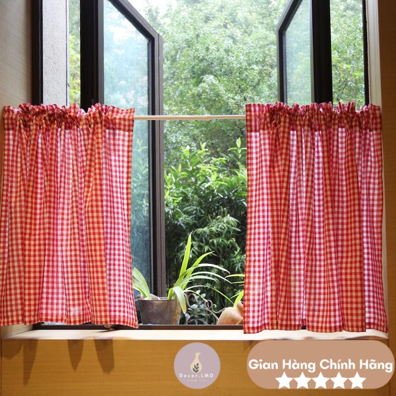 Rèm cửa sổ caro màu đỏ thô vintage, màn cửa vải xinh xắn decor trang trí phòng ngủ
