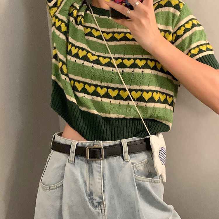 Áo Thun Lụa Lạnh Dệt Kim Tay Ngắn Dáng Rộng Phối Màu Xanh Bơ Kẻ Sọc Thời Trang Mùa Hè Mới Cho Nữ