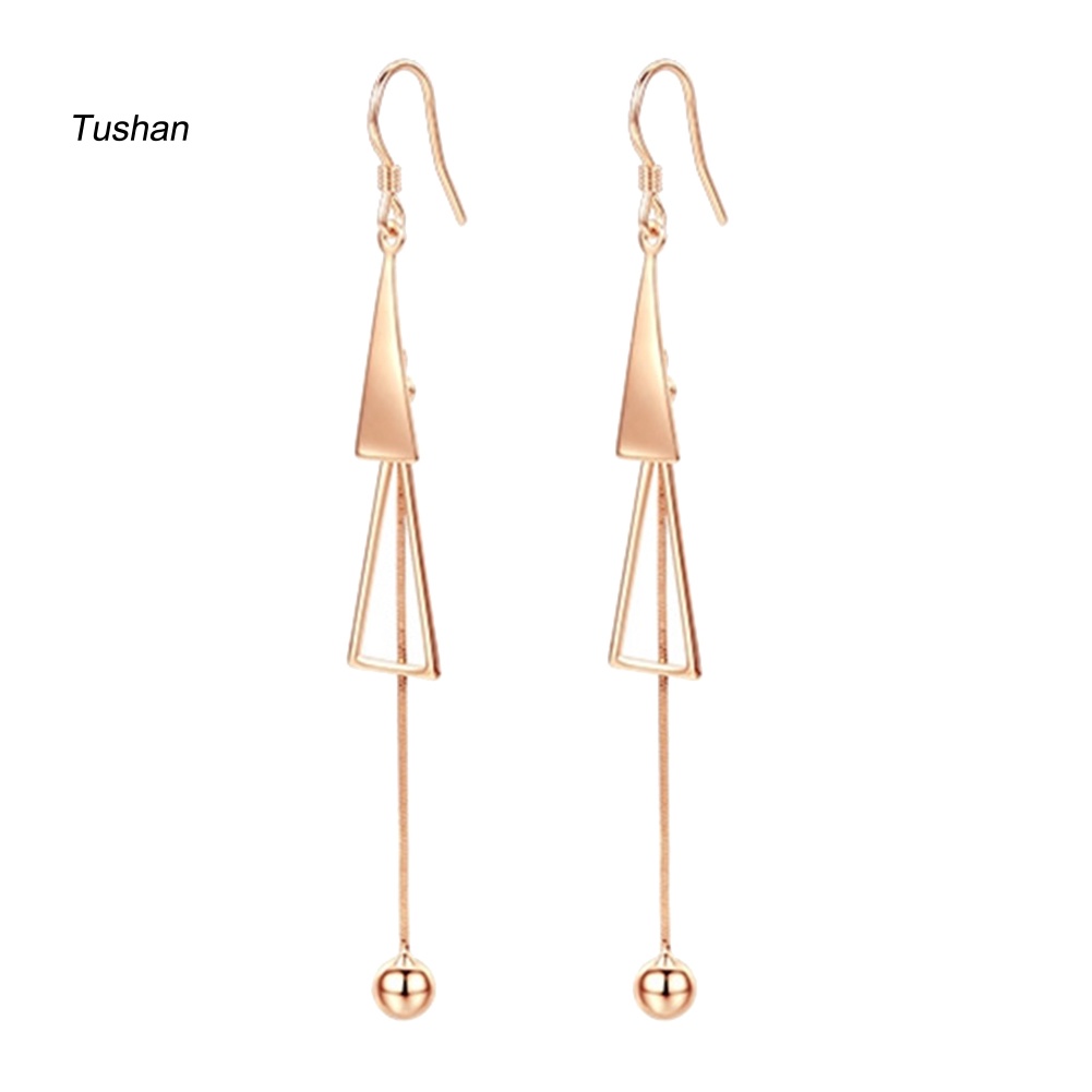 Bông Tai Dài Hình Tam Giác Phối Hai Quả Cầu Tua Rua Thời Trang Dành Cho Nữ