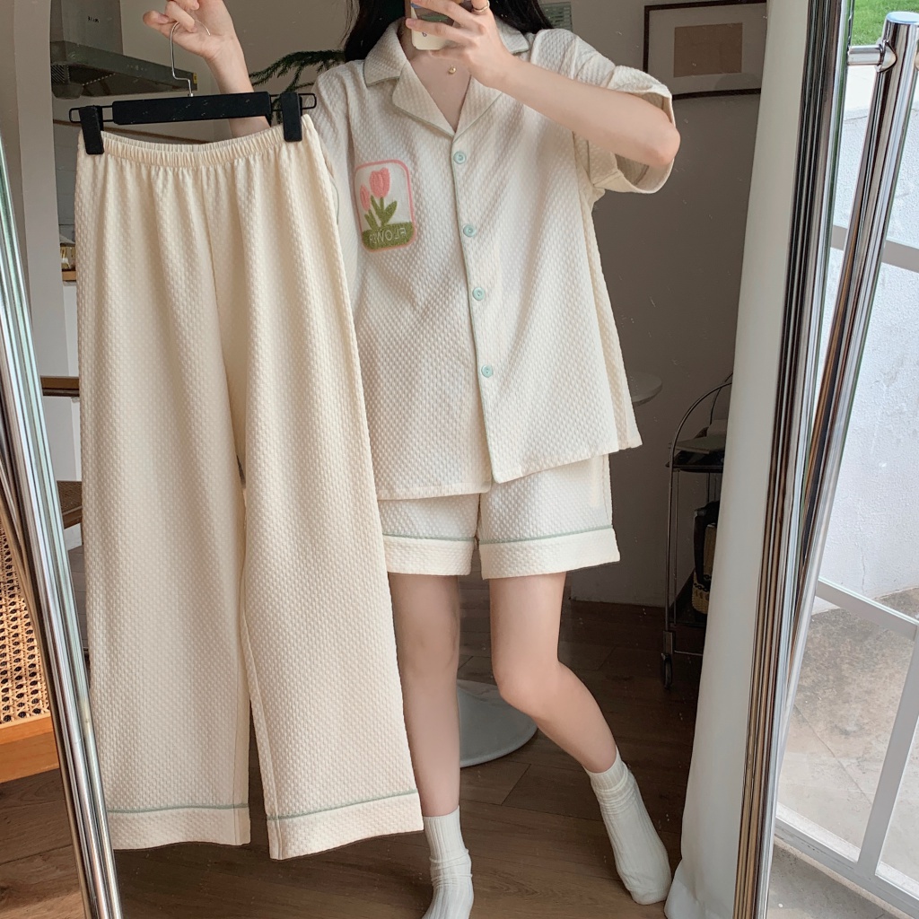 Bộ Đồ Ngủ Ba Món Bằng Vải Cotton Dệt Tay Ngắn In Hình Hoa Tulip Phong Cách Hàn Quốc Thời Trang Mùa Hè Mới Dành Cho Bạn Nữ