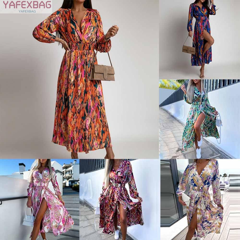 Đầm DàI Cổ Chữ V In HọA TiếT Vintage ThờI Trang Cho Nữ