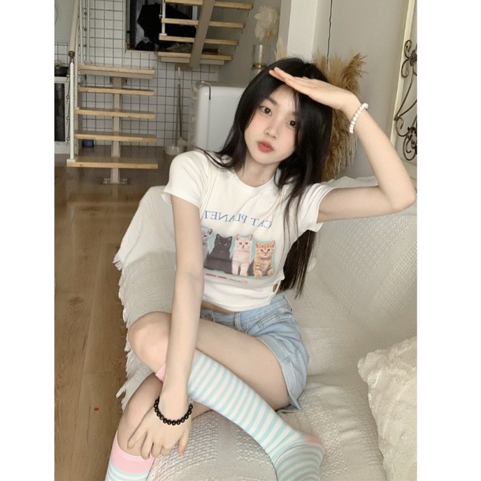 Áo Thun Croptop Tay Ngắn Dáng Ôm In Hình Mèo Dễ Thương Thời Trang Mùa Hè Cho Nữ