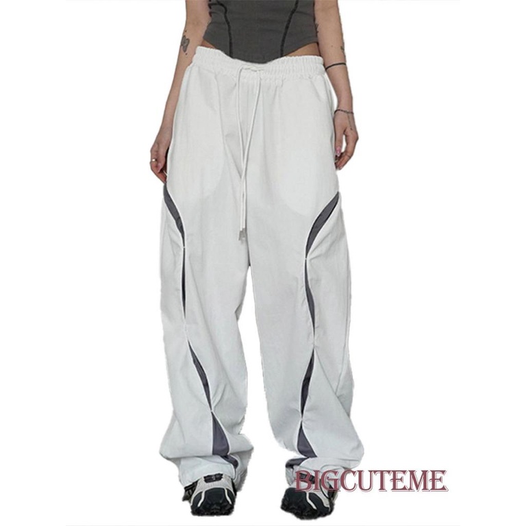 Quần Dài Dáng Suông Lưng Thun Rút Dây Màu Sắc Tương Phản Thời Trang Đường Phố Cho Nữ