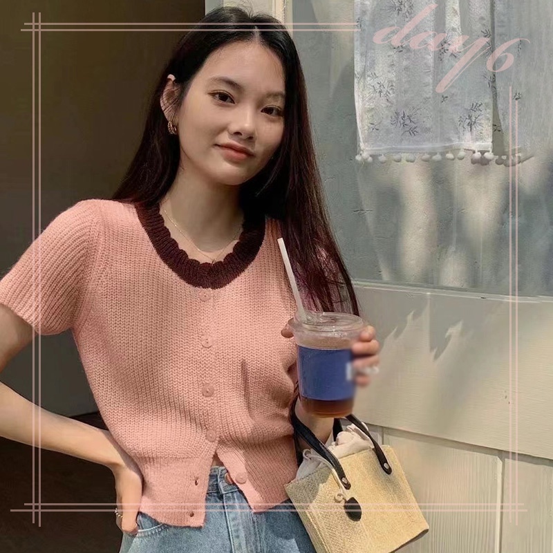 Áo Croptop Dệt Kim Tay Ngắn Cổ Tròn Màu Sắc Tương Phản Ngọt Ngào Thời Trang Cho Nữ