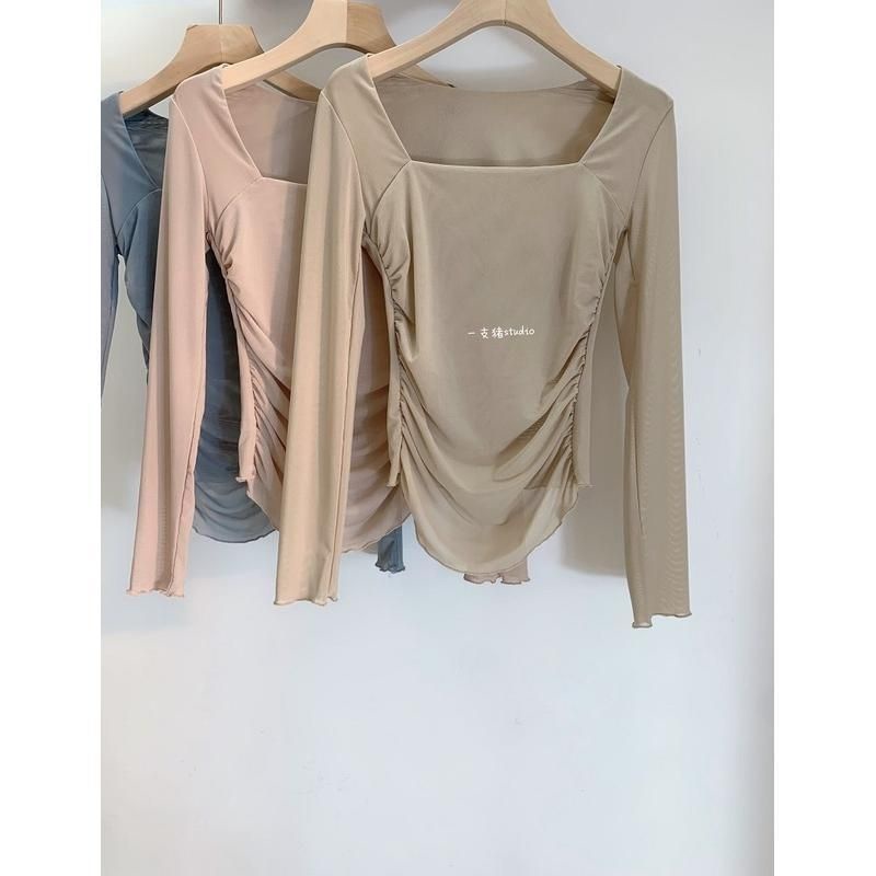 Pure Desire Áo Tay Dài Cổ Vuông Dáng Ôm Xếp Ly Nhẹ Nhàng Kiểu Khiêu Vũ