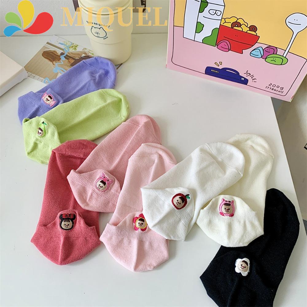 Vớ Ngắn Thoáng Khí Thấm Hút Mồ Hôi Thêu Họa Tiết Hoạt Hình Màu Trơn Phong Cách Lolita