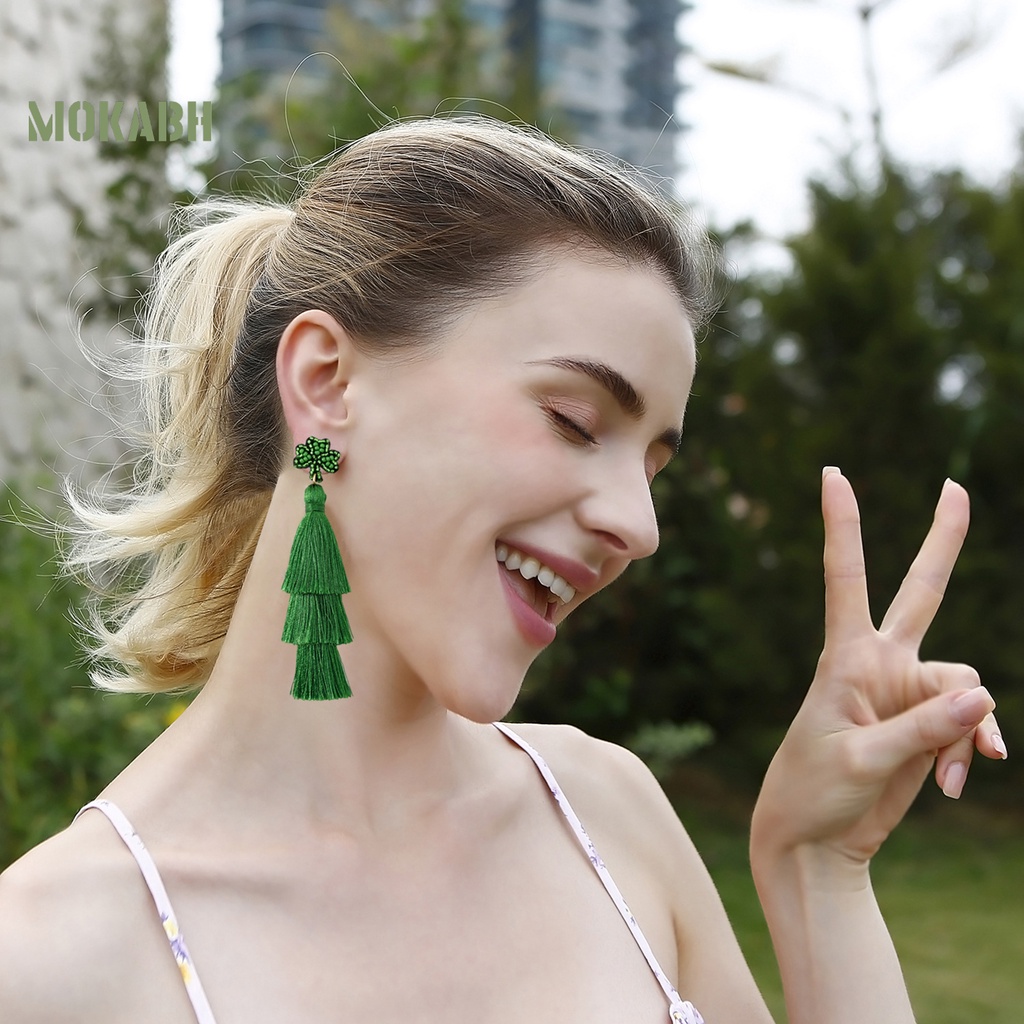 1 Đôi Bông Tai Dáng Dài Hình Học Màu Xanh Lá Tạo Không Khí Chống Mài Mòn Thời Trang Cho Nữ