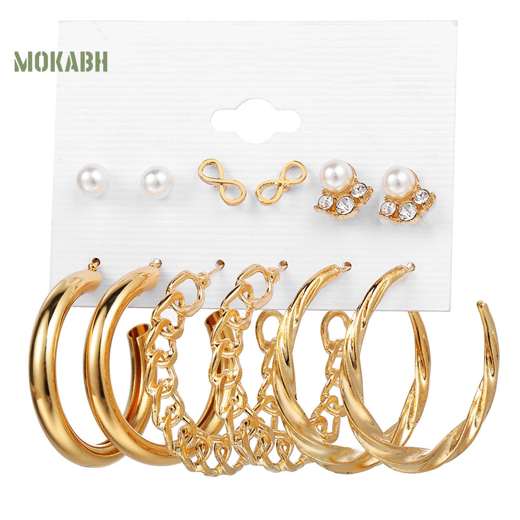 Set 6 Đôi Bông Tai Khoen Tròn Đính Ngọc Trai Giả Sang Trọng Cho Nữ