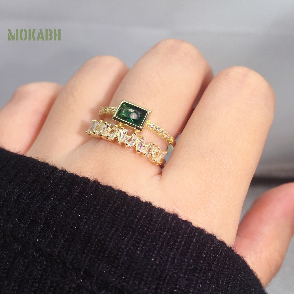 [Mới] Nhẫn Cưới Hai Lớp Dạng Mở Đính Đá Zircon Giả Màu Xanh Lá Có Thể Điều Chỉnh Làm Quà Tặng Valentines