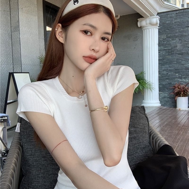 Cozok Áo Thun Dệt Kim Tay Ngắn Màu Trơn Cổ Thuyền Đơn Giản Thời Trang