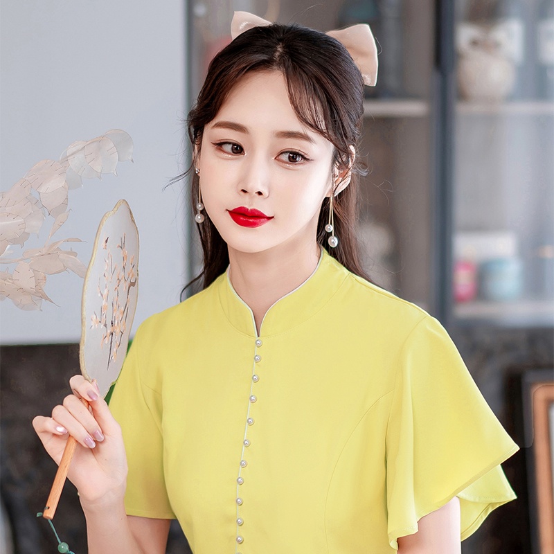 Sườn Xám Cách Tân Tay Ngắn Chất Chiffon Phong Cách Trung Hoa Thời Trang Mùa Hè Mới Cho Nữ