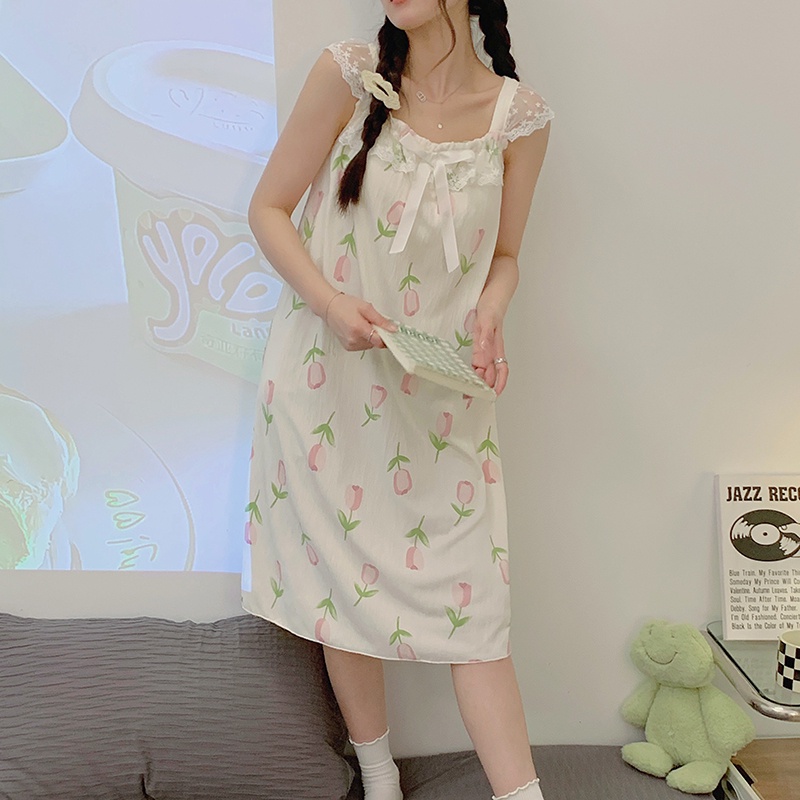 Đầm Ngủ Cotton Dệt Kim Phối Ren Có Đệm Ngực Phong Cách Công Chúa Ngọt Ngào Thời Trang Mùa Hè Kiểu Mới Dành Cho Nữ