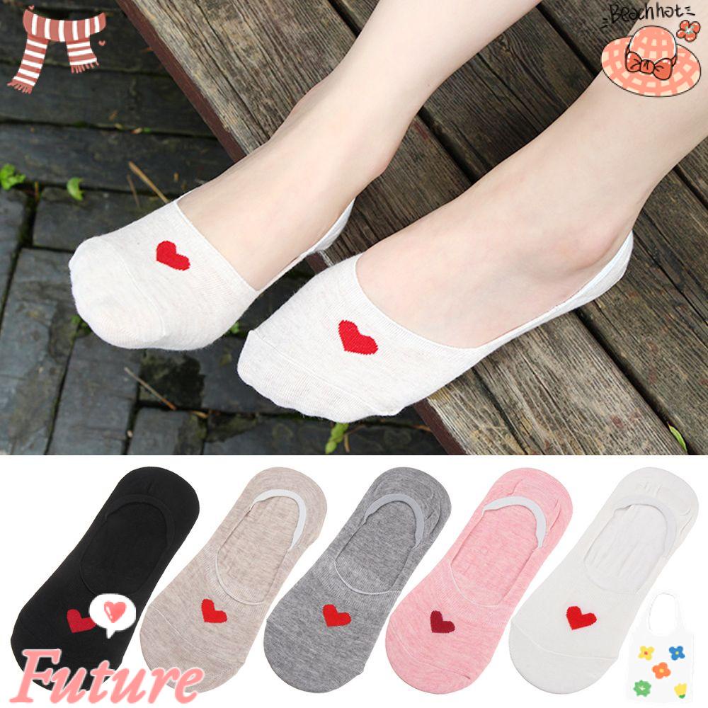Set 5 Đôi Vớ Cổ Thuyền Bằng Cotton Màu Sắc Kẹo Ngọt Họa Tiết Trái Tim