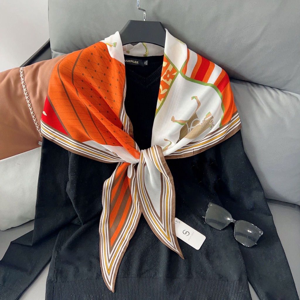 Khăn Choàng Cổ Nhỏ 180 * 38cm Bằng Lụa Đính Kim Cương Giả Màu Cam Họa Tiết Hình Học