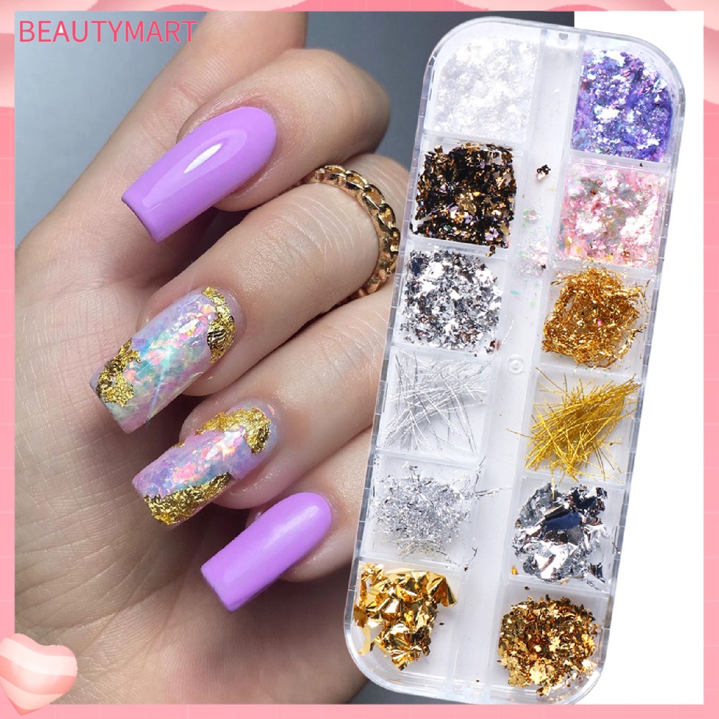 1 Hộp Lá Vàng Lấp Lánh 12 Ngăn Dùng Trang Trí Móng Tay Dễ Dàng