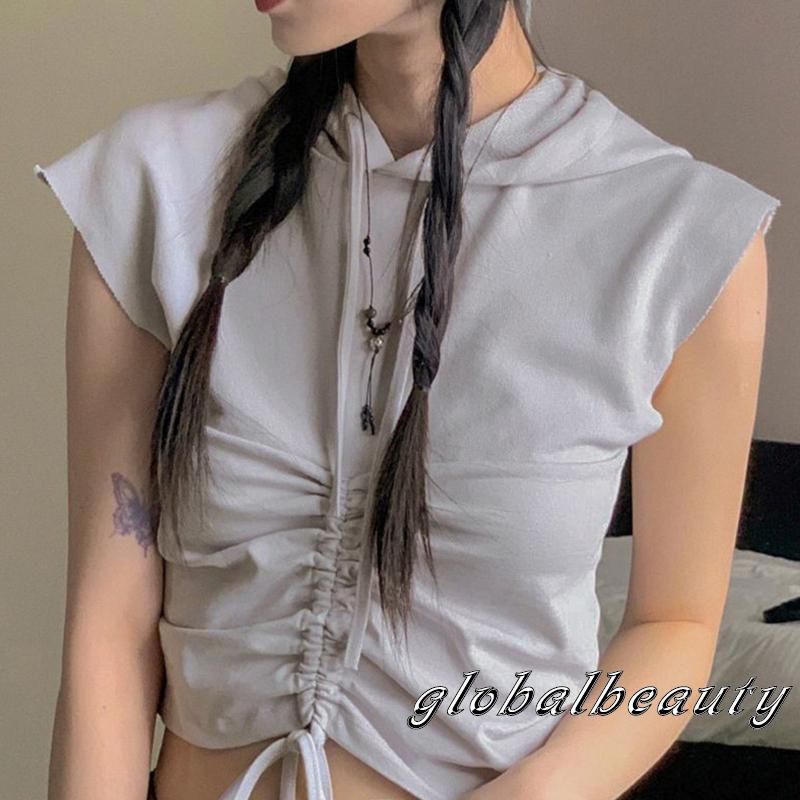 Áo Thun Crop Top Tay Ngắn Có Nón Rút Dây Màu Sắc Đơn Giản Dành Cho Nữ