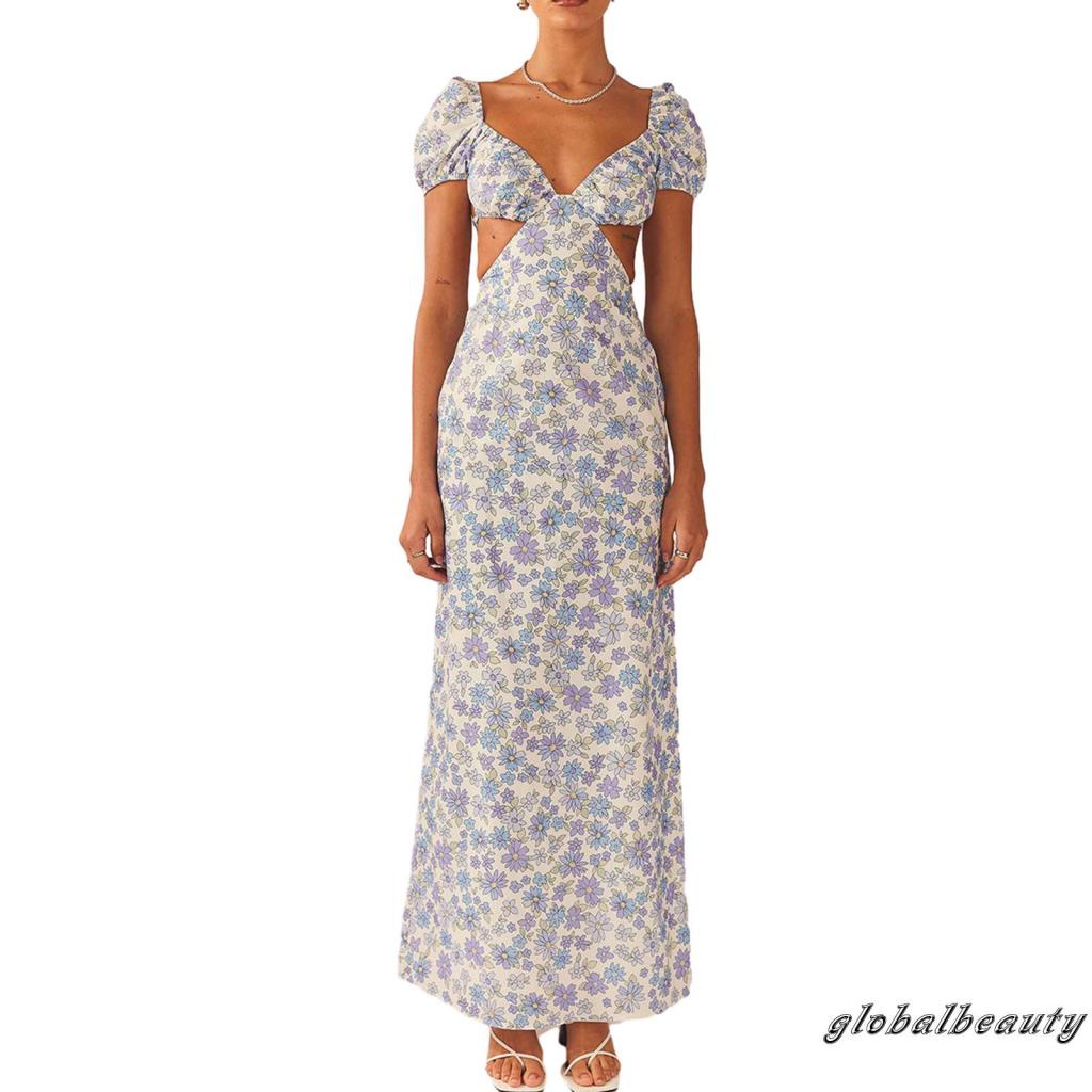 Đầm Dài Hở Lưng Tay Ngắn Họa Tiết Hoa Thời Trang Mùa Hè Cho Nữ