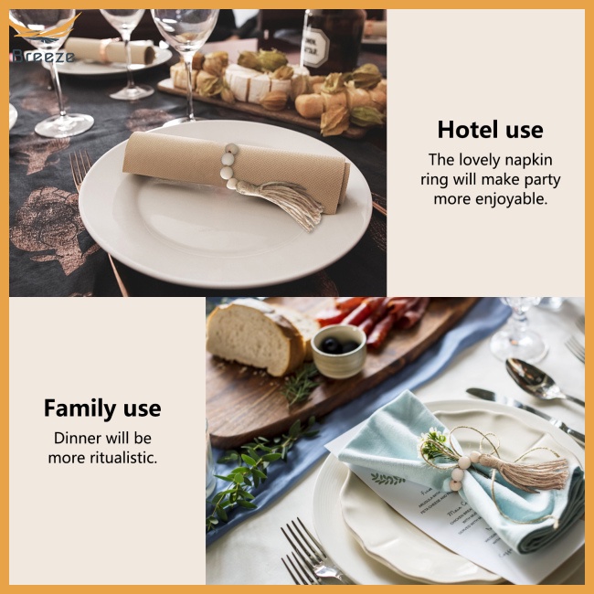 Set 12 Vòng Giữ Khăn Ăn Bằng Hạt Gỗ Tự Nhiên Kèm Tua Rua Để Bàn Trang Trí Nhà Cửa / Tiệc Cưới / Giáng