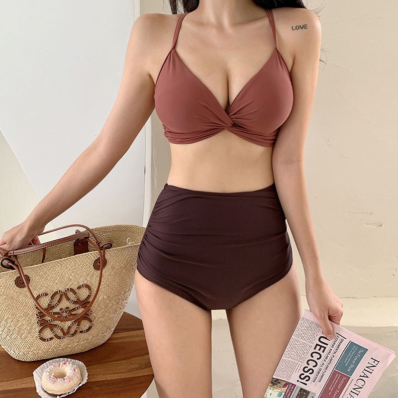 Bộ Đồ Bơi BIKINI Lưng Cao Màu Trơn Thời Trang Hàn Quốc Cho Nữ