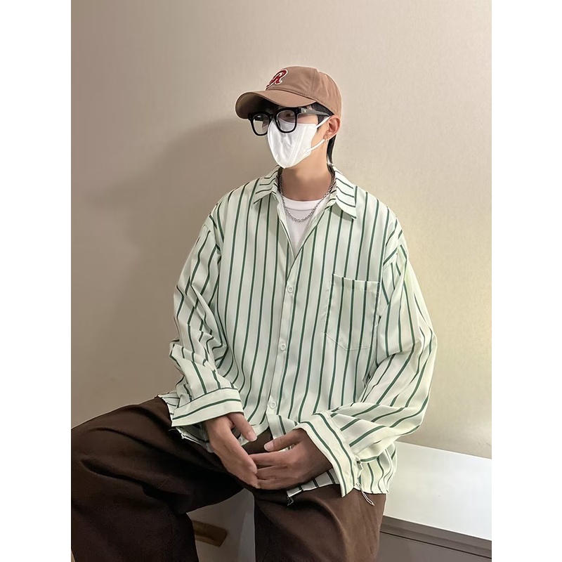 Áo Sơ Mi Nam Dài Tay Dáng Rộng Họa Tiết Kẻ Sọc Phong Cách Retro Nhật Bản
