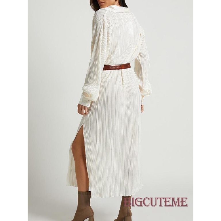 Đầm Midi Tay Dài Cổ Chữ V Xếp Ly Màu Sắc Đơn Giản Cho Nữ