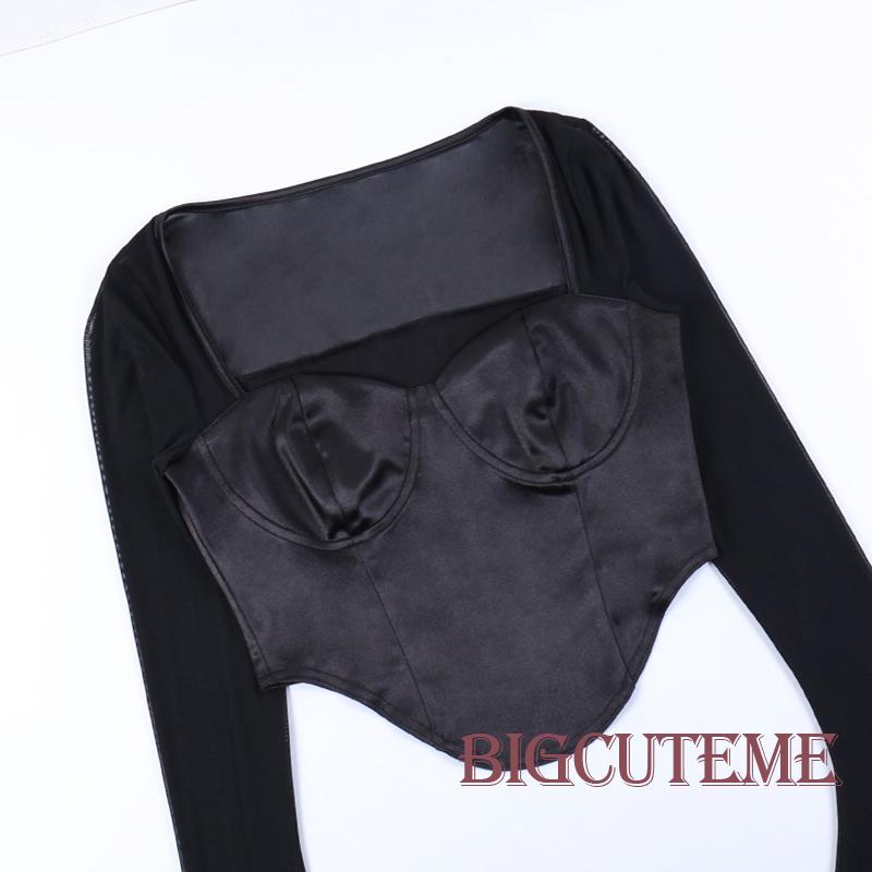 [] Áo Thun Crop Top Tay Dài Loe Phối Lưới Không Đối Xứng Ôm Dáng Vừa Vặn Cho Nữ