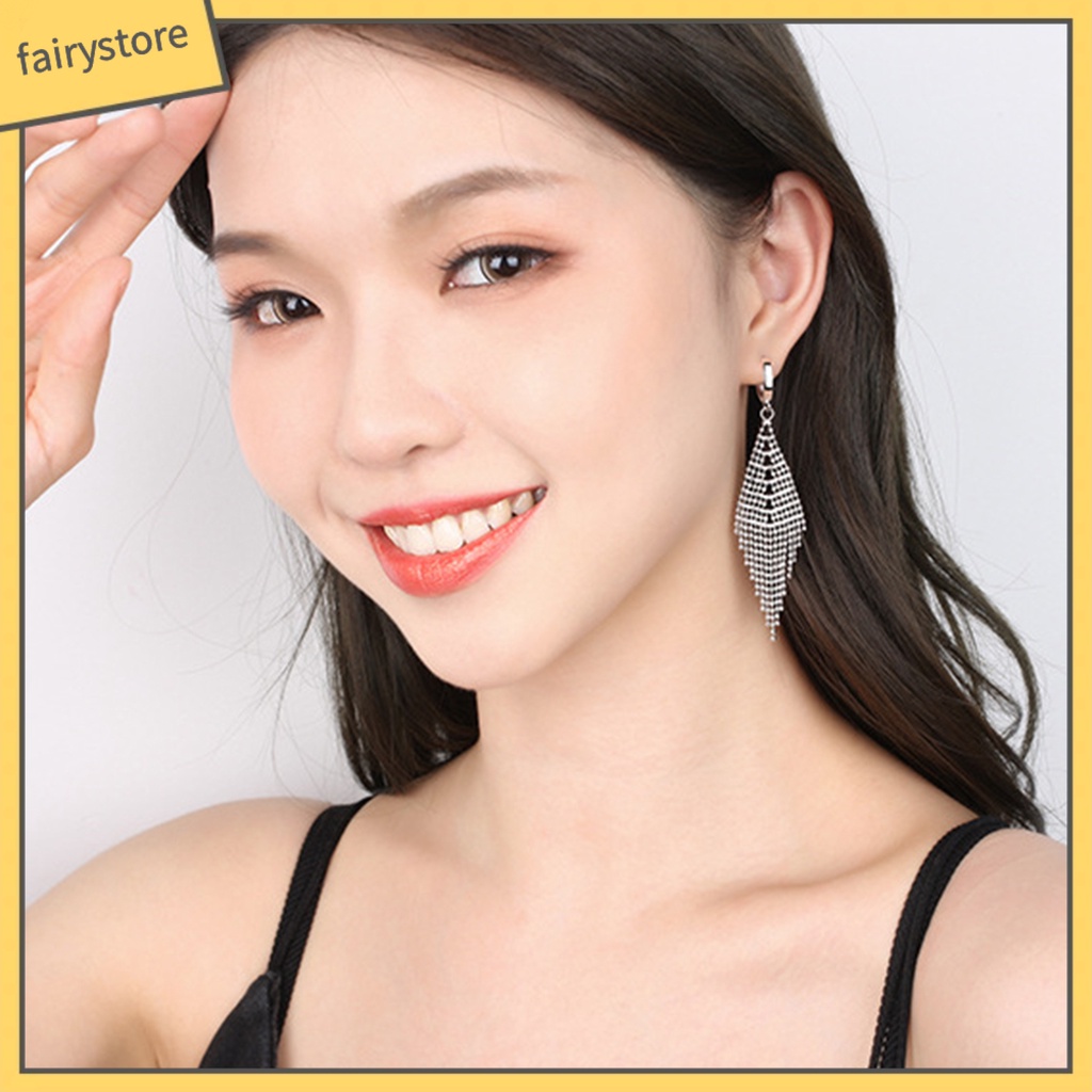 1 Đôi Bông Tai Dáng Dài Mạ Điện Đính Hạt Hình Thoi Thời Trang