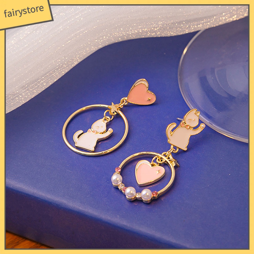 1 Đôi Bông Tai Hình Mèo Hoạt Hình Đính Đá Ngọc Trai Giả Phong Cách Nhật Bản