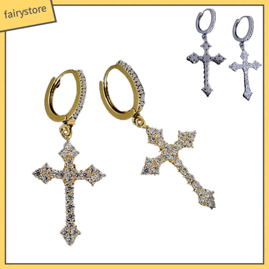 1 Đôi Bông Tai Hình Chữ Thập Lấp Lánh Phong Cách Hip Hop