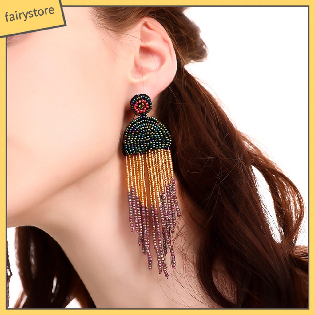 1 Đôi Bông Tai Xỏ Hạt Nhiều Màu Sắc Tua Rua Phong Cách Cổ Điển