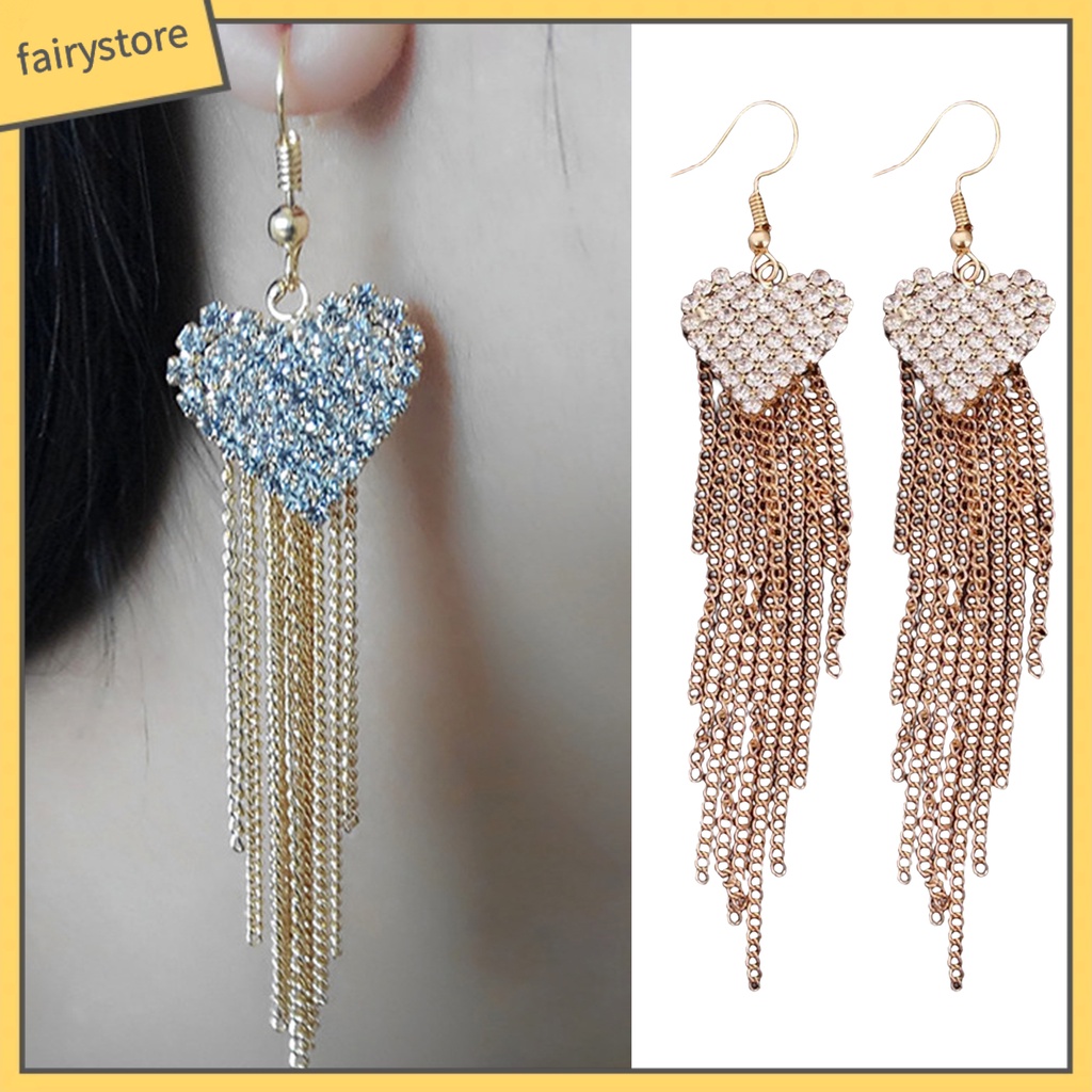 Bông Tai Dài Hình Trái Tim Đính Đá Lấp Lánh Thời Trang Cho Nữ