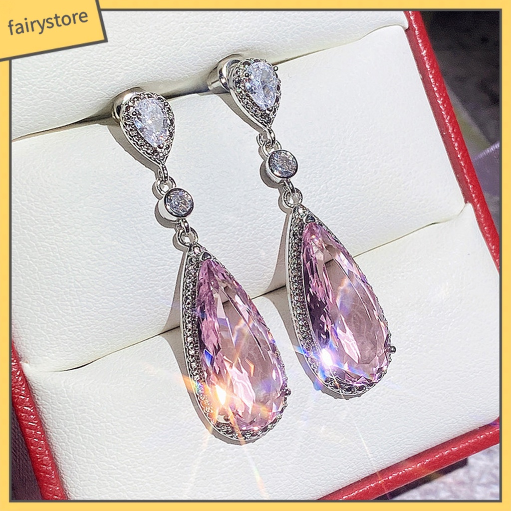 1 Đôi Bông Tai Hình Giọt Nước Bằng Đồng Dát Đá