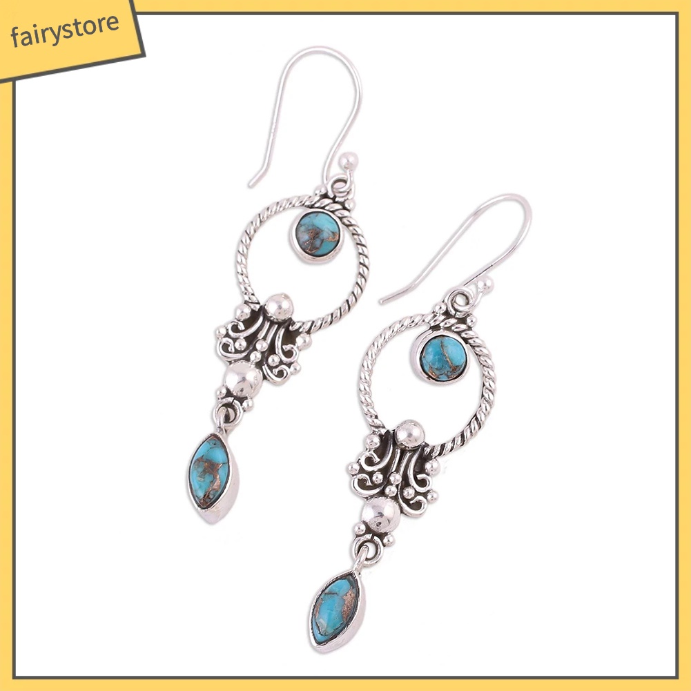 Bông Tai Đính Đá Ngọc Lam Giả Thiết Kế Móc Treo Phong Cách Vintage Dành Cho Nữ