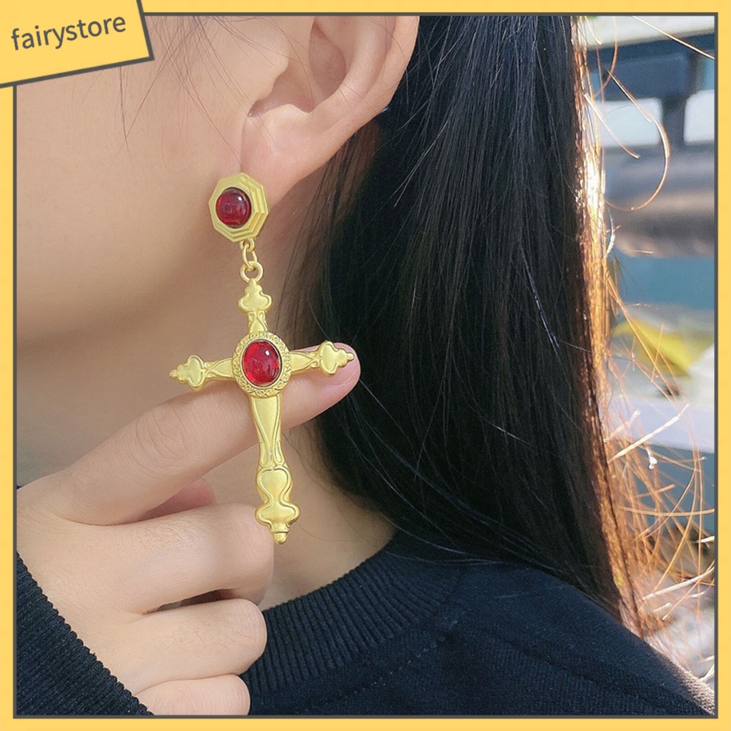 1 Đôi Bông Tai Hình Thánh Giá Bằng Thủy Tinh Màu Sang Trọng Phong Cách Trung Cổ Dành Cho Nữ