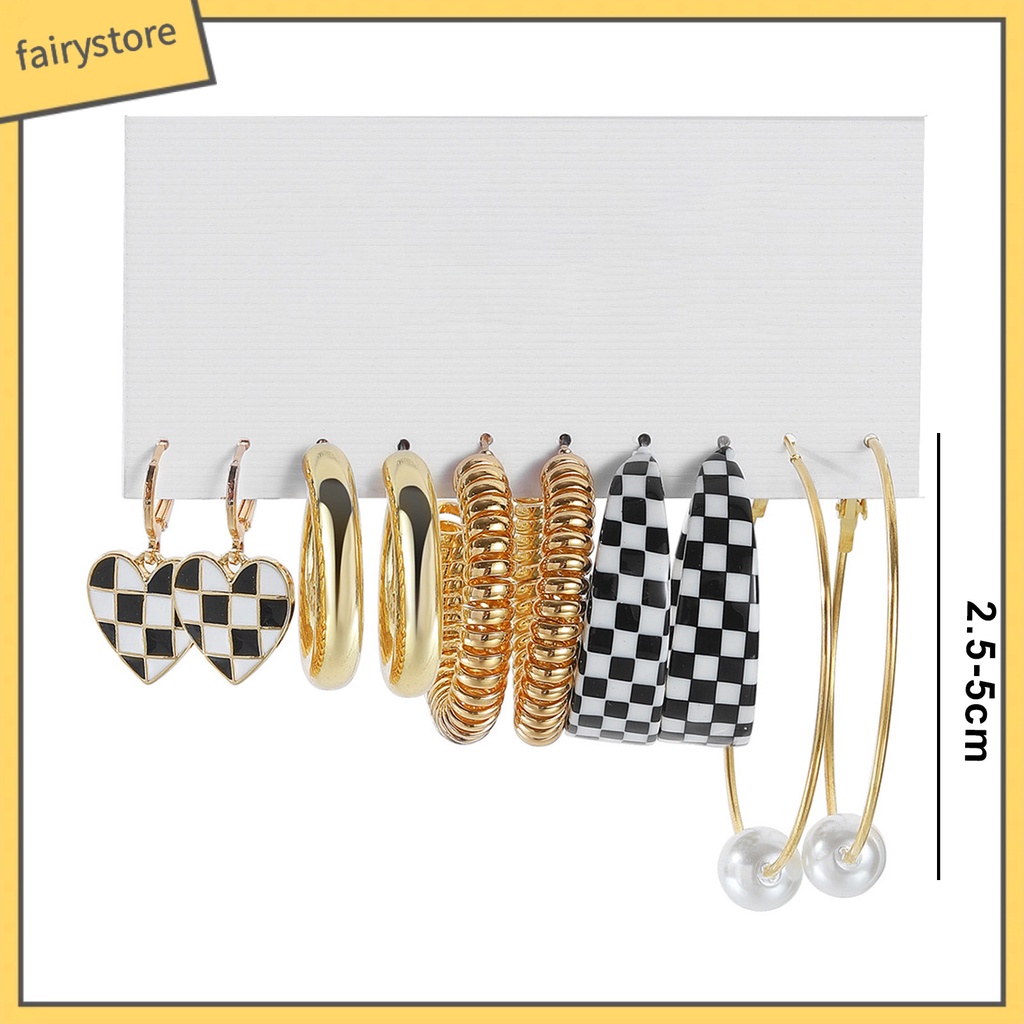 Set 5 Đôi Bông Tai Dạng Vòng Hình Học Họa Tiết Kẻ Ô / Trái Tim / Bướm / Ngọc Trai Giả Màu Trắng Đen Thời Trang Cho