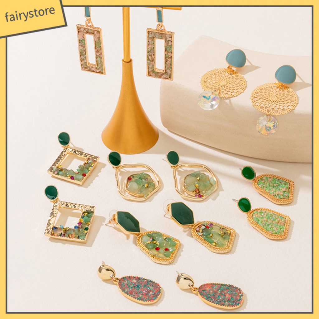 [FRO] 1 Đôi Bông Tai Lủng Lẳng Đá Giả Kim Cương Hình Học Phong Cách Ins Thích Hợp Làm Quà